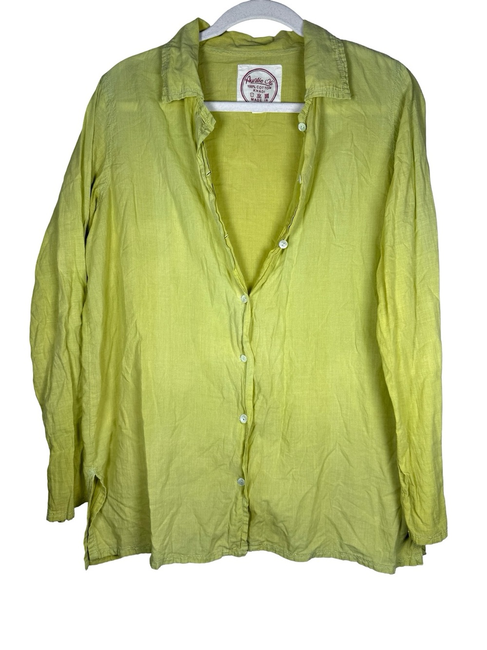 Auntie Oti 100% Cotton Khadi Chartreuse Long Sleeve Natural Button Shirt